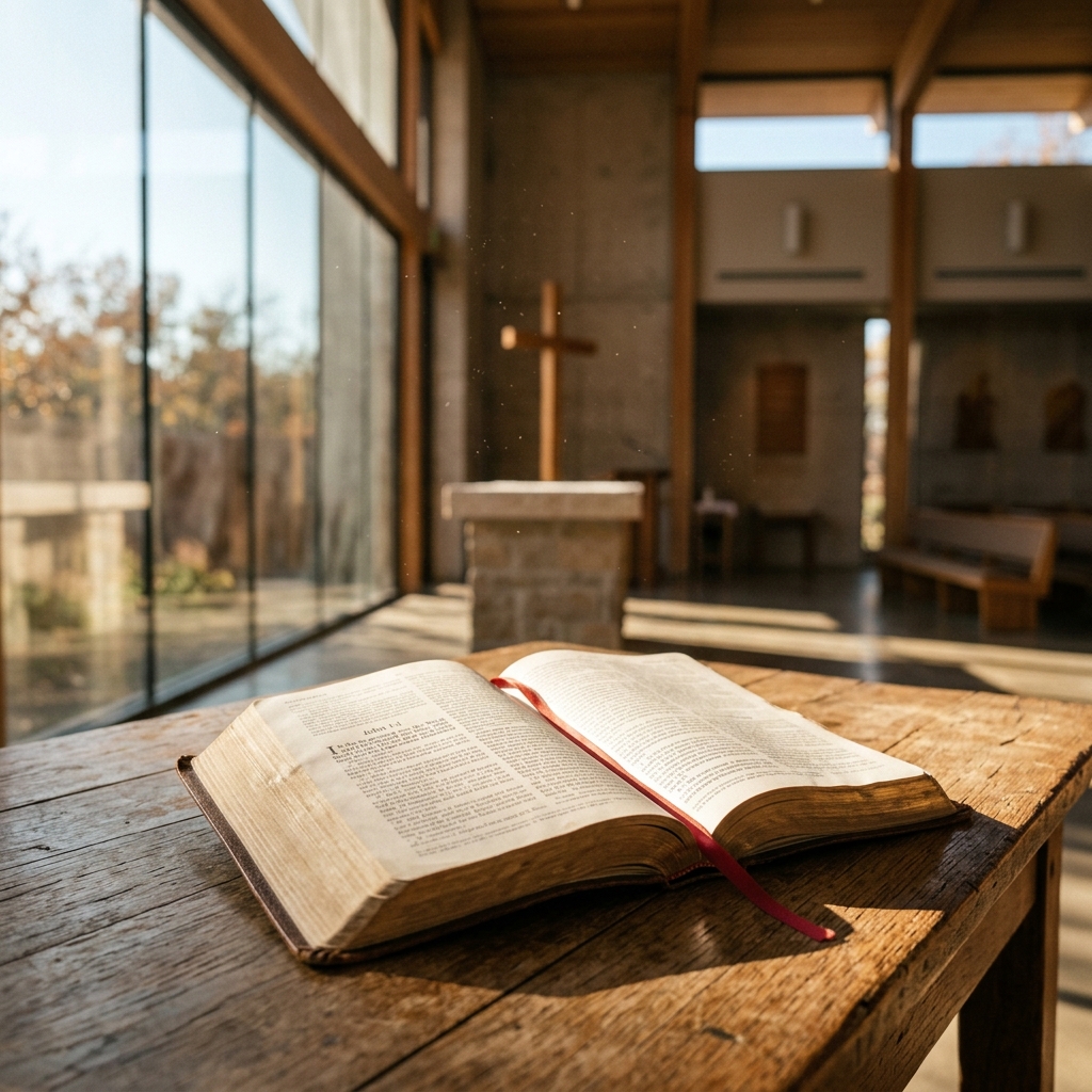 Open scripture in a sunlit sanctuary